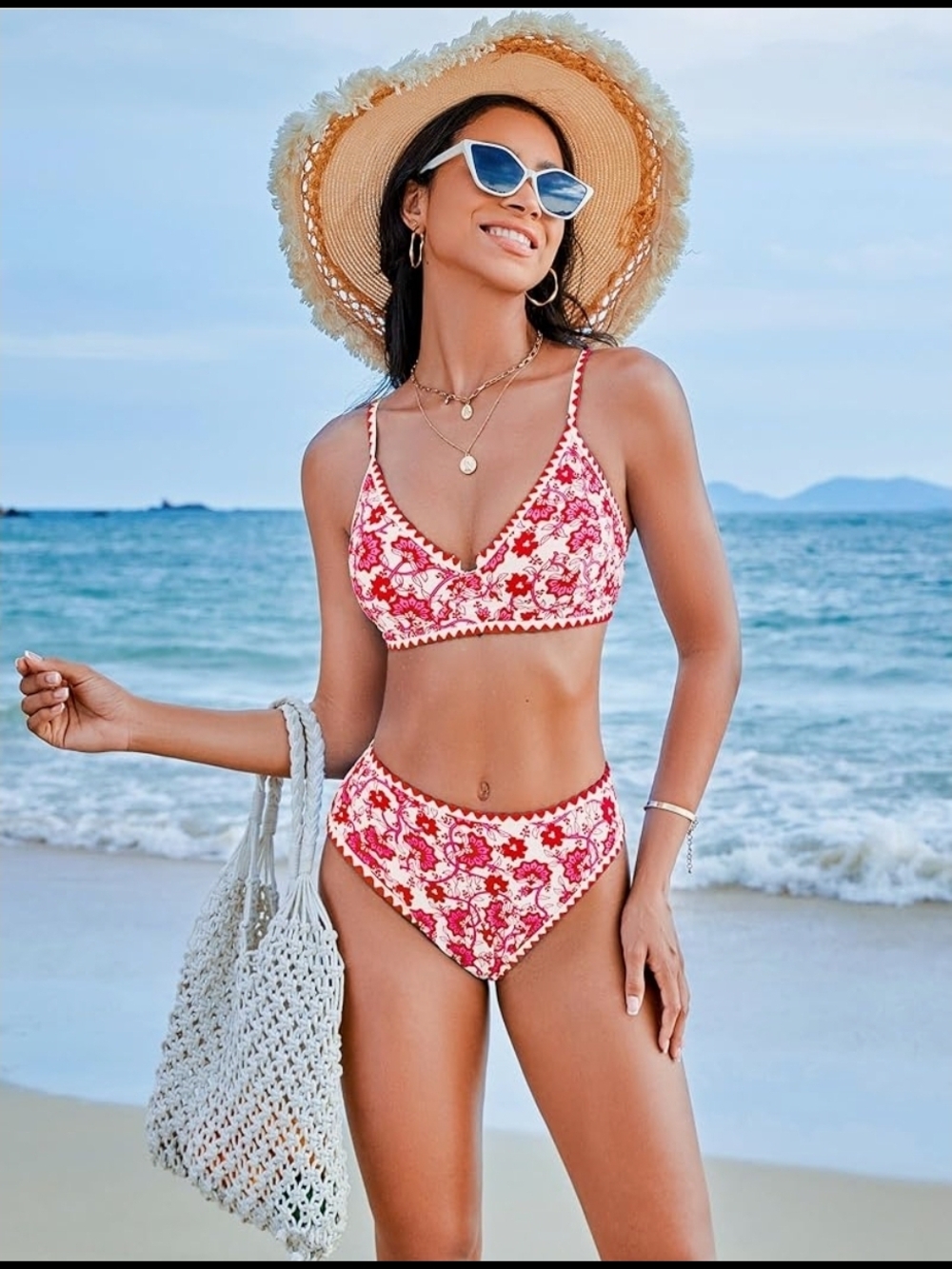 Floral Red High-Waist Bikini Set - Women's Swim